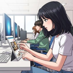 컴퓨터실에서 아이패드로 인터넷 중인 20대 여성
