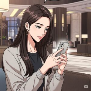 호텔 로비 소파에 앉아 스마트폰을 사용하는 30대 여성