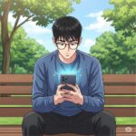 공원 벤치에 앉아 스마트폰을 사용하는 안경 낀 20대 한국 남성