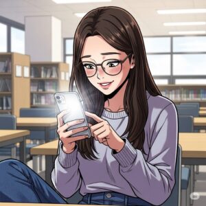 독서실 책상에 앉아 스마트폰으로 SNS를 보는 안경 낀 20대 한국 여학생