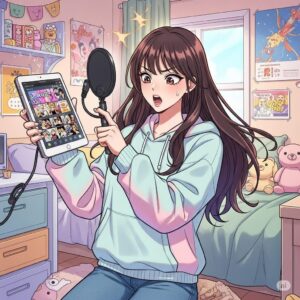 아이패드 화면 녹화 기능을 설정하는 20대 한국 여대생