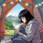 계곡 텐트 안에서 스마트폰으로 SNS를 보는 안경 낀 20대 한국 여학생