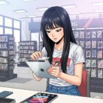 핸드폰 매장에서 아이패드 보호 필름을 부착받는 20대 여대생