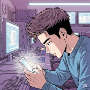 PC방에서 스마트폰으로 SNS를 사용하는 20대 한국 남성