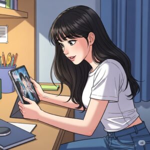 아이패드로 넷플릭스 영화를 시청 중인 20대 여대생