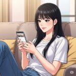 한여름 거실 소파에서 스마트폰으로 SNS를 즐기는 20대 한국 여성