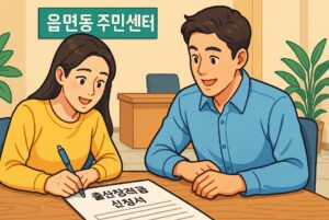 읍면동 주민센터에서 출산장려금 신청서를 작성하는 보호자의 모습
