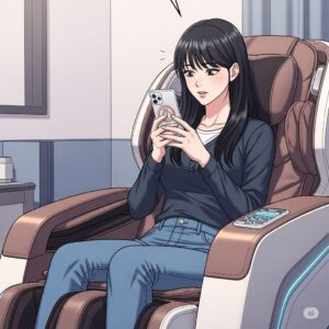 안마의자에 앉아 스마트폰을 사용하는 20대 한국 여대생