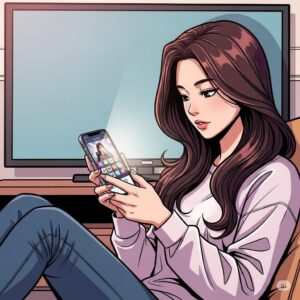TV 앞에 앉아 스마트폰을 사용하는 20대 한국 여대생