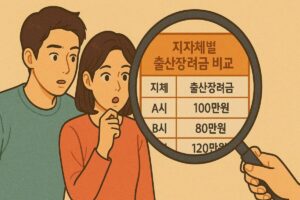 출산장려금 비교표를 확대해서 확인하는 젊은 부부의 모습