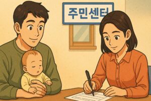 부모가 아기와 함께 주민센터에서 신청서를 작성하는 모습
