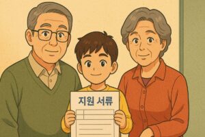 조부모가 손주와 함께 지원 서류를 들고 있는 모습
