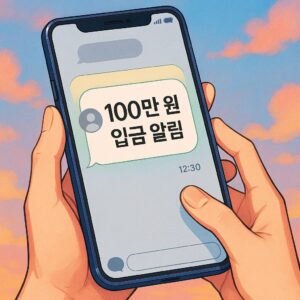 100만 원 입금 알림 문자 메시지를 확인하는 스마트폰 화면