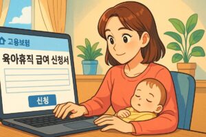 고용보험 홈페이지에서 육아휴직 급여 신청서를 작성 중인 컴퓨터 화면