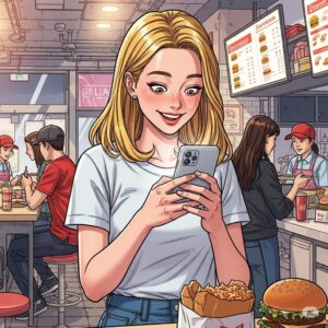 햄버거 가게에서 스마트폰을 사용하는 금발의 20대 여대생