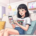 거실 소파에 앉아 스마트폰으로 인스타그램을 사용하는 20대 한국 여대생