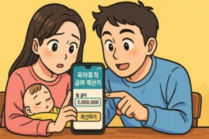 부모가 스마트폰으로 육아휴직 급여 계산기를 사용하는 모습