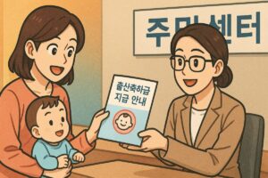 주민센터에서 출산축하금 지급 안내 팸플릿을 받는 보호자의 모습