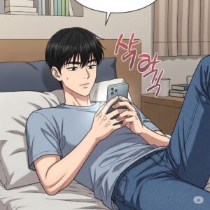 침대에 누워 스마트폰을 사용하는 20대 한국 남자 대학생