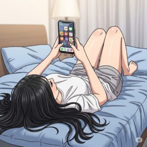 침대에 누워 스마트폰을 집중해서 사용하는 20대 한국 여대생 모습