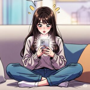 쇼파에 앉아 스마트폰을 사용하는 20대 한국 여대생