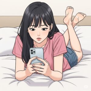 침대에 엎드려 스마트폰으로 SNS를 사용하는 20대 한국 여학생