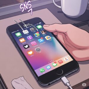 SNS가 켜진 상태로 충전 중인 스마트폰의 모습