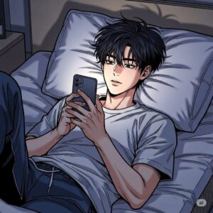 자기 전 침대에 누워 스마트폰을 사용하는 20대 한국 남대생