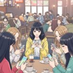 카페에 앉아 쓰레드 계정 여러개 생성 가능한지 스마트폰으로 검색 중인 20대 한국 여대생들