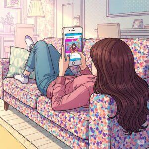 거실 소파에 누워 스마트폰으로 인스타그램을 사용하는 20대 한국 여대생