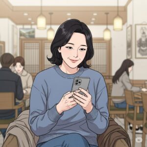 쓰레드 글 삭제 시 기록이 남는지 스마트폰으로 검색 중인 40대 한국 여성