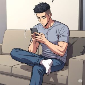 쇼파에 앉아 스마트폰으로 쓰레드 인기글 조건을 검색하는 30대 한국 남성