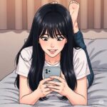 침대에 엎드려 스마트폰으로 SNS를 하는 20대 한국 여학생
