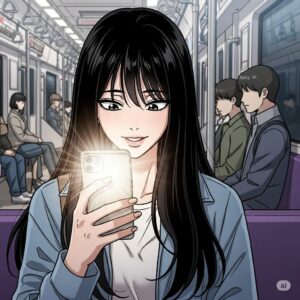 지하철 안에서 스마트폰을 사용하는 20대 한국 여대생