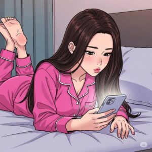 침대에 엎드려 스마트폰을 사용하는 20대 한국 여대생