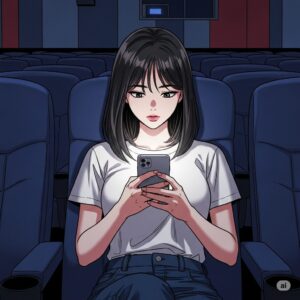 영화관에서 스마트폰을 사용하는 갈색머리 20대 여대생