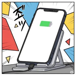 충전 케이블이 연결된 상태로 충전 중인 스마트폰