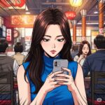식당에서 음식을 기다리며 스마트폰을 사용하는 20대 한국 여대생의 모습