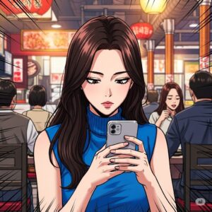 식당에서 음식을 기다리며 스마트폰을 사용하는 20대 한국 여대생의 모습