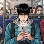 버스 안에서 스마트폰을 사용하는 20대 한국 남자 대학생