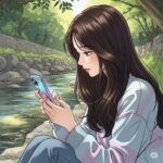 계곡에 앉아 스마트폰으로 인스타그램을 하는 20대 한국 여학생