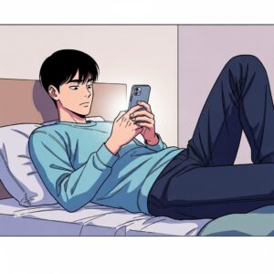 침대에 엎드려 스마트폰으로 SNS를 사용하는 20대 한국 남학생