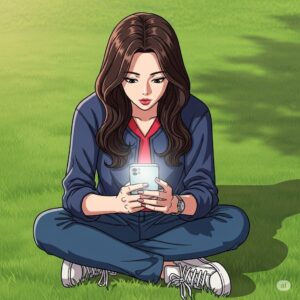 잔디밭에 앉아 스마트폰으로 인스타그램을 사용하는 20대 한국 여학생