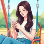 그네에 앉아 스마트폰으로 인스타그램 하는 20대 한국 여학생