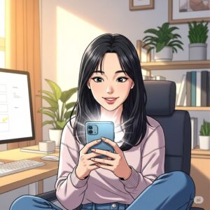 컴퓨터 앞에 앉아 스마트폰으로 인스타그램을 하는 20대 한국 여학생