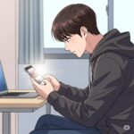 컴퓨터 앞에 앉아 스마트폰으로 인스타그램을 하는 20대 한국 남학생