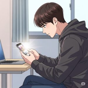 컴퓨터 앞에 앉아 스마트폰으로 인스타그램을 하는 20대 한국 남학생
