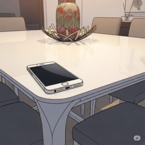 식탁 위에 놓인 스마트폰 한 대