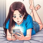 파란색 반팔과 반바지를 입고 침대에 엎드려 스마트폰을 사용하는 20대 한국 여대생