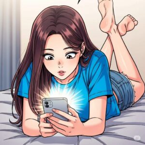 파란색 반팔과 반바지를 입고 침대에 엎드려 스마트폰을 사용하는 20대 한국 여대생